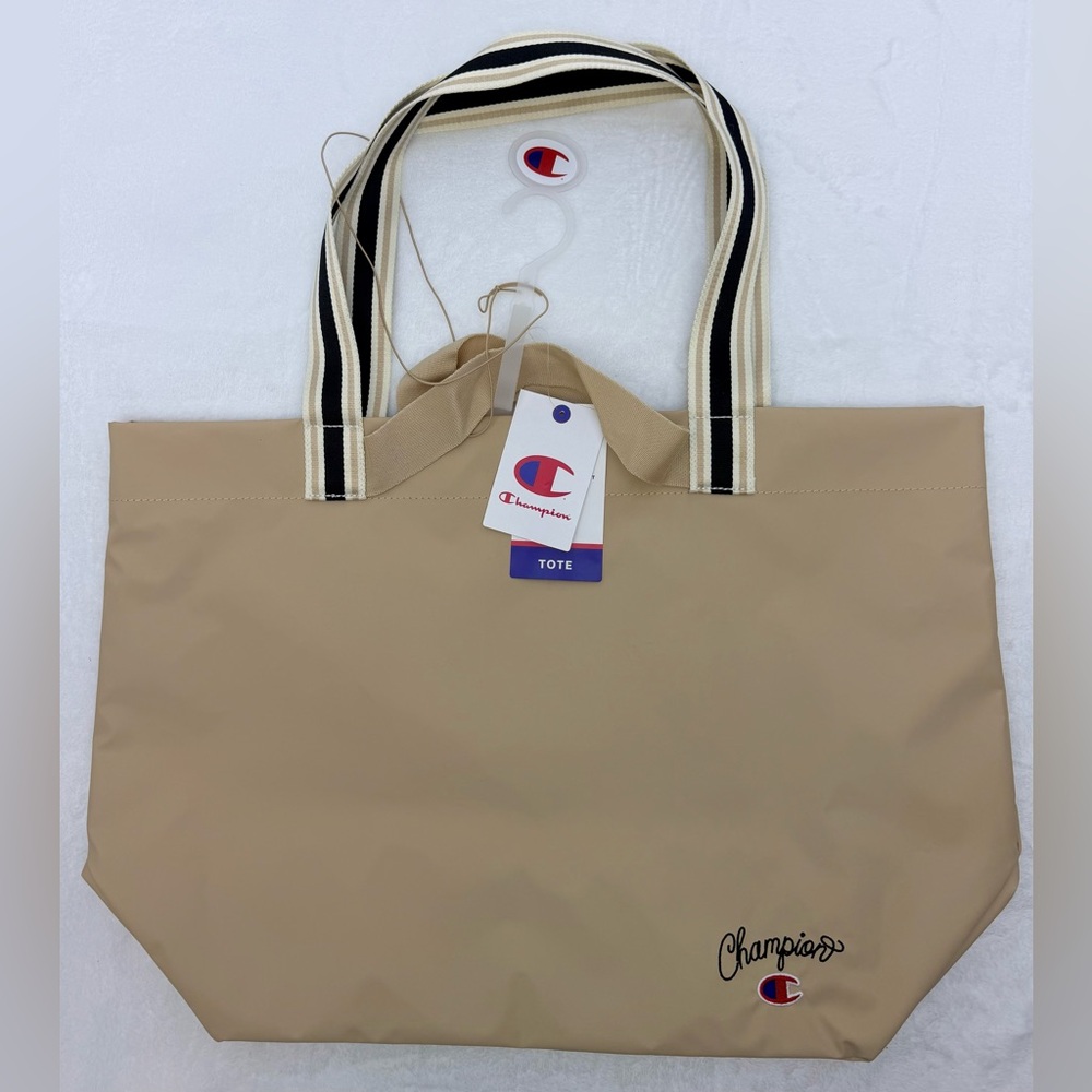Champion Tan Tote with Striped Handles Shoulder/Handbag Logo Embroidery